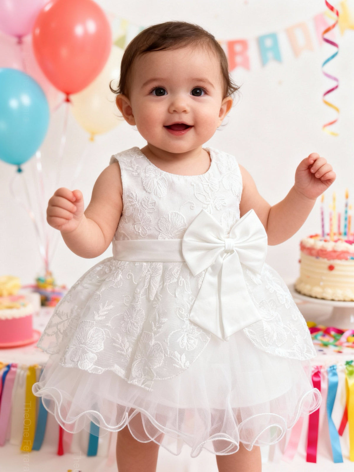 Abito da Battesimo Neonata Bianco 6–36 Mesi – Pizzo Floreale con Maxi Fiocco Cerimonia, Chiesa Compleanno 21017 Bianco 6M