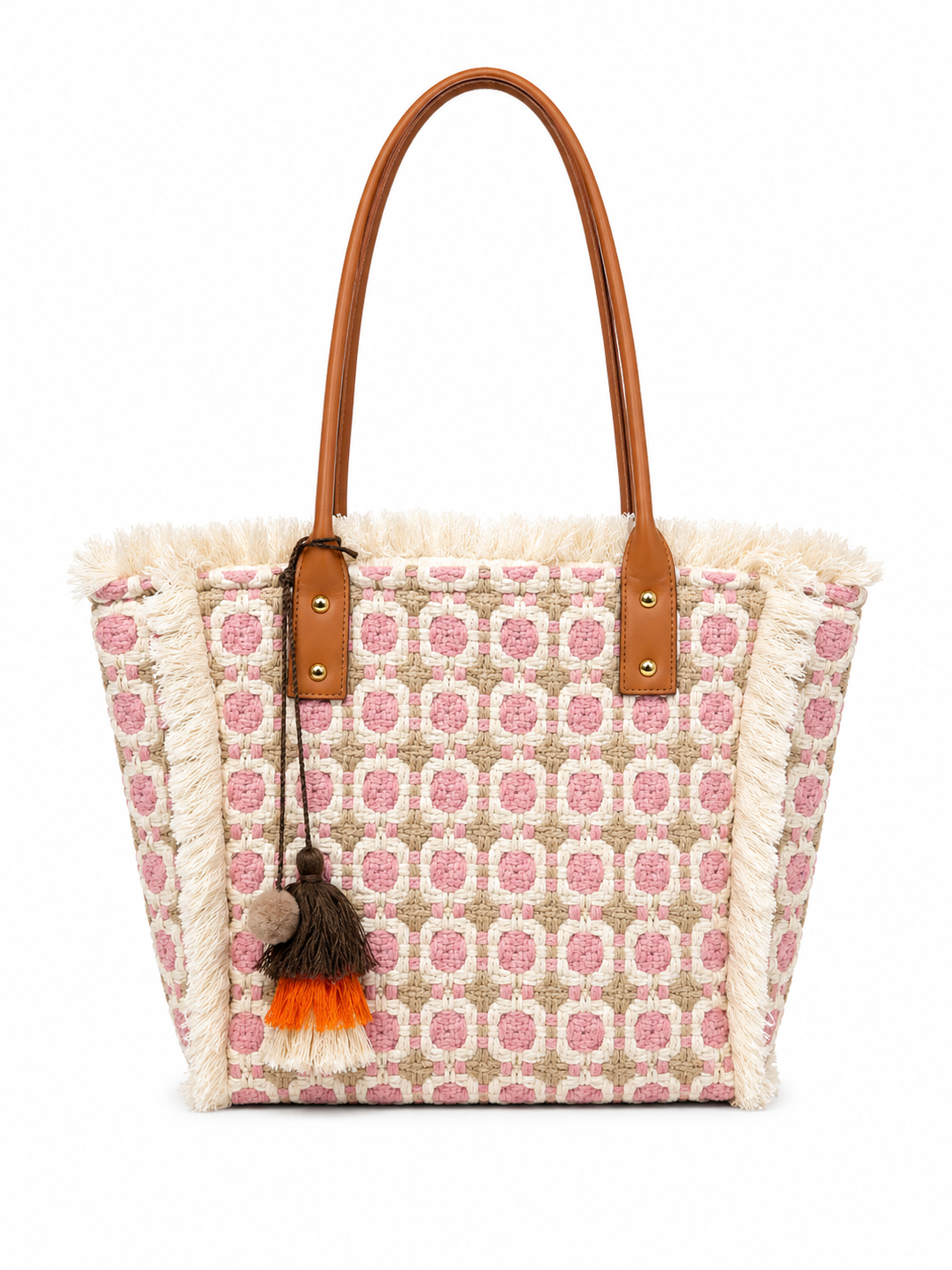 Borsa Shopper Donna Boho Chic con Frange e Nappina Decorativa Rosa L × A × P: 35 × 30 × 13 cm