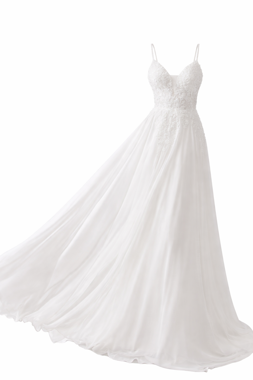Abito da Sposa A-Line in Chiffon con Pizzo 3D e Scollo Profondo – Spalline Sottili, Effetto Corsetto, Colore Avorio Naturale 879001