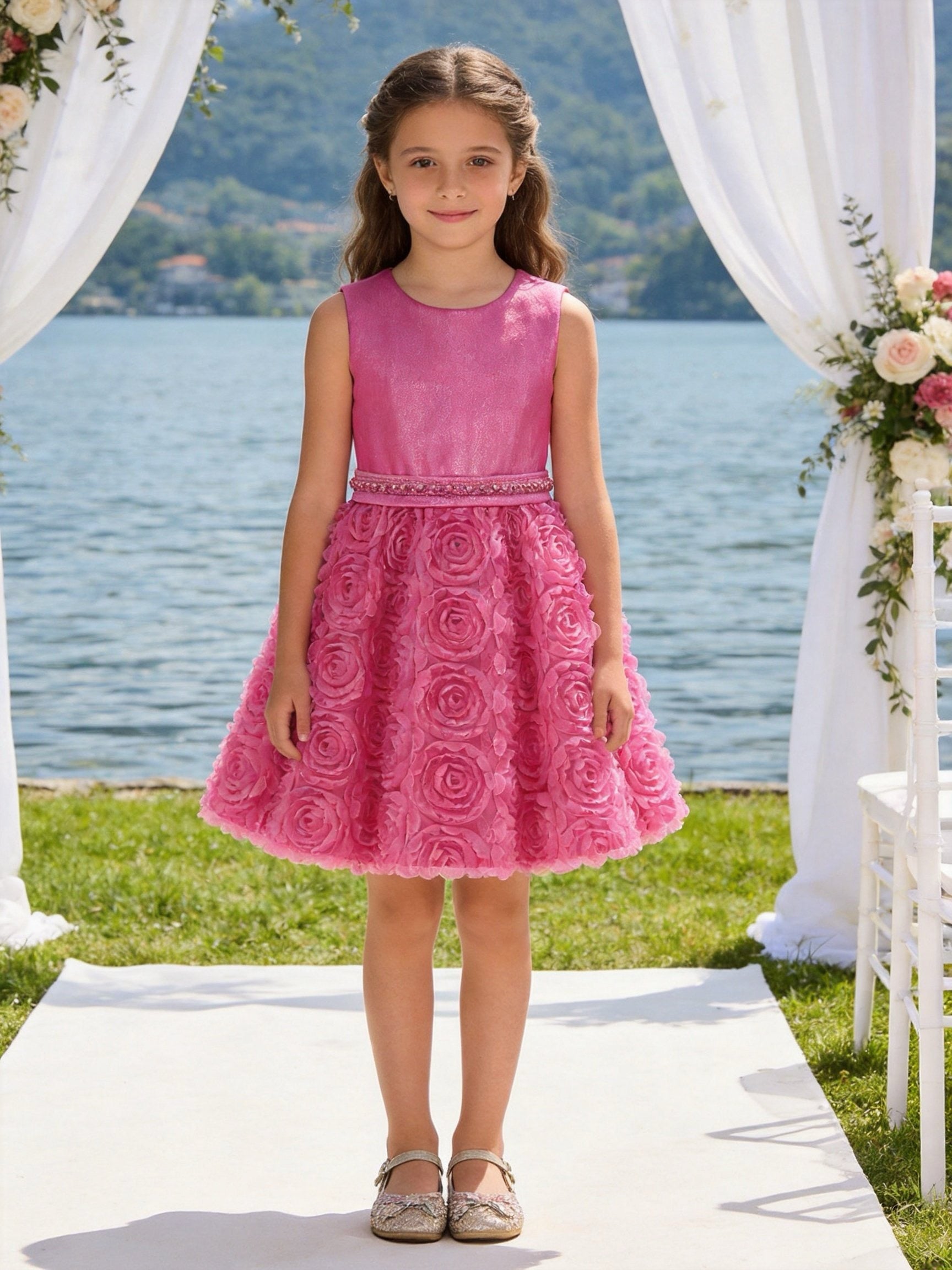 Abito Elegante Bambina 2-12 Anni – Vestito Cerimonia con Gonna 3D Floreale per Matrimonio e Comunione