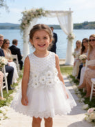 Vestito Elegante Bambina Bianco con Fiori 3D e Tulle per Cerimonia