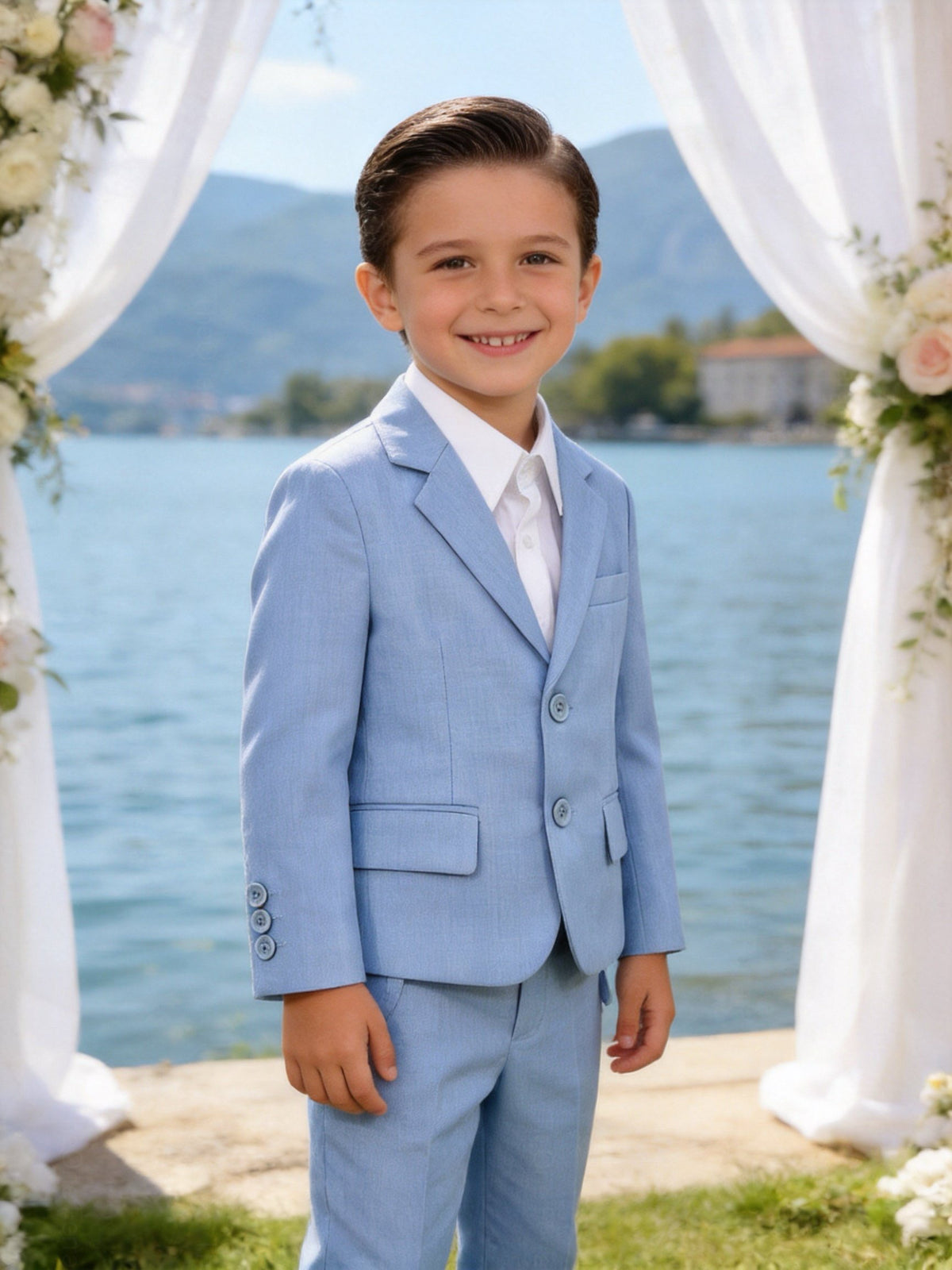 Completo Elegante Bambino Celeste 5 Pezzi con Giacca Gilet Pantaloni Camicia e Papillon Denim
