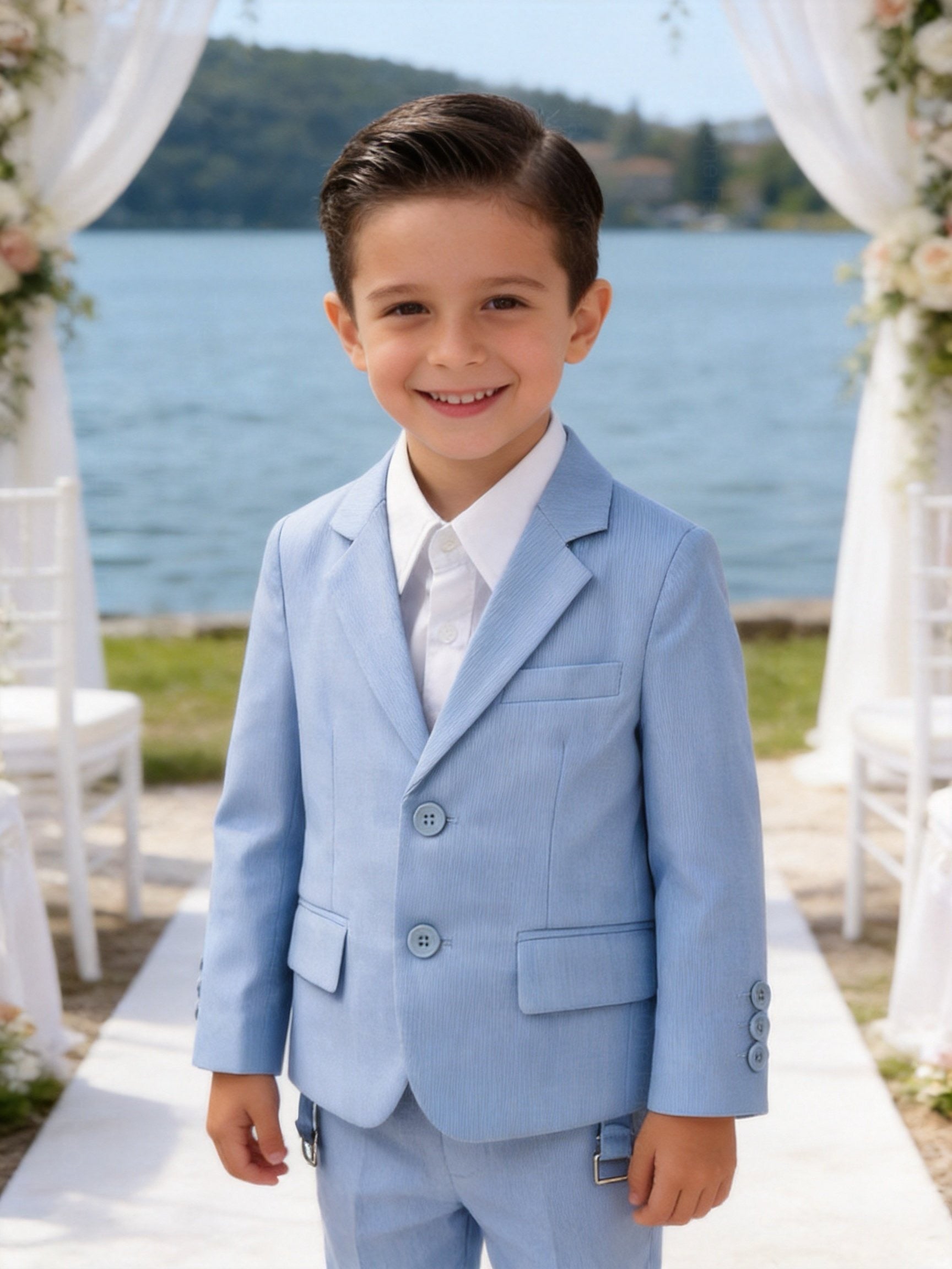 Completo Elegante Bambino Celeste 5 Pezzi con Giacca Gilet Pantaloni Camicia e Papillon