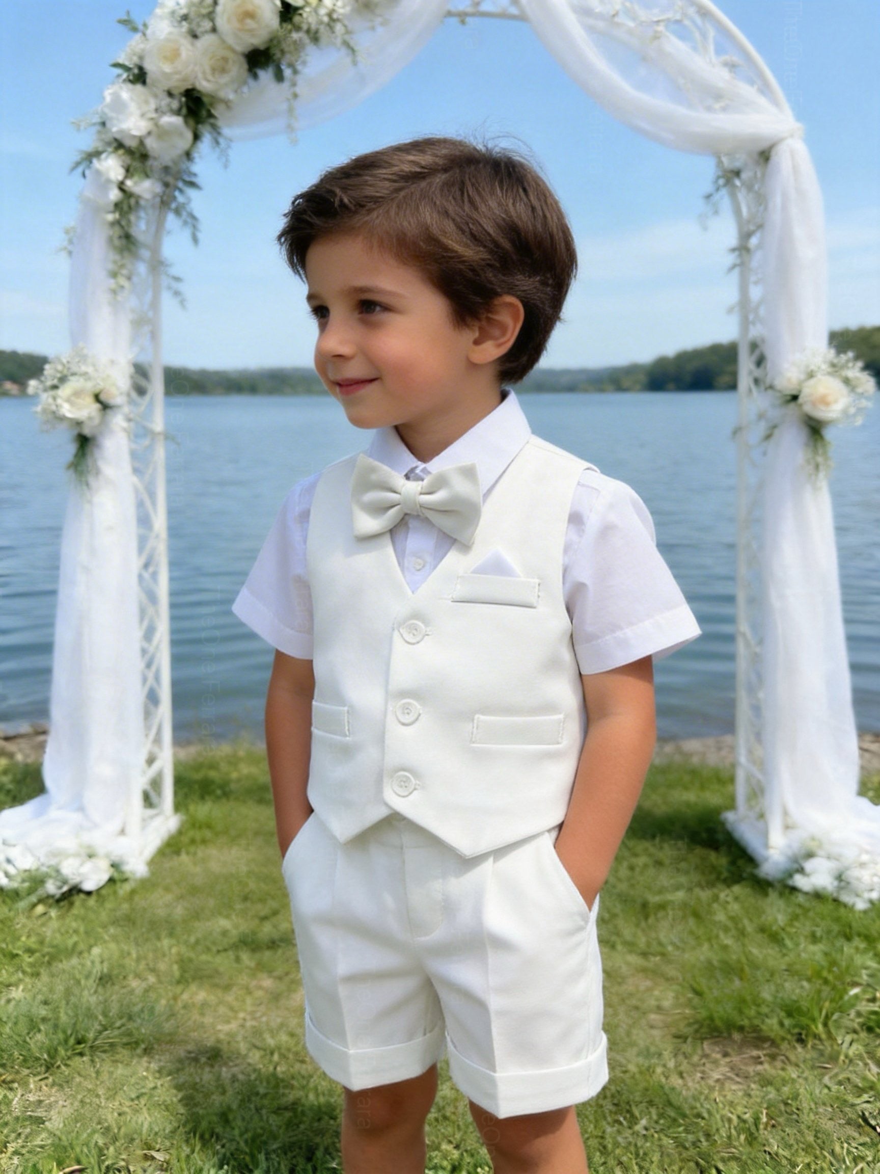 Completo Elegante Bambino Estivo 4 Pezzi con Pantaloncini Abito Cerimonia Matrimonio 1-8 Anni Bianco 8 Anni
