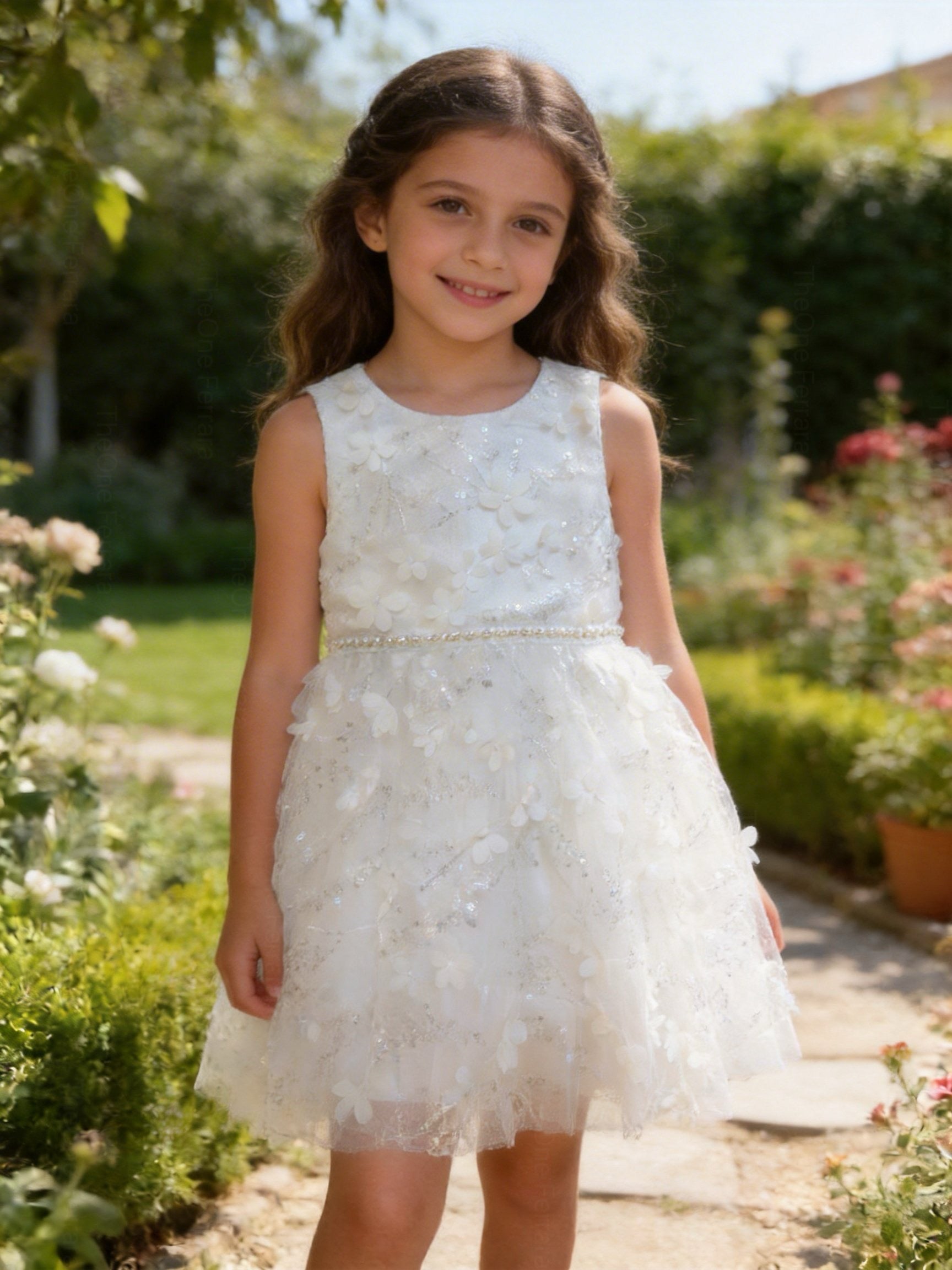 Abito da Cerimonia Bambina 2-12 Anni Elegante – Vestito con Fiori 3D e Gonna in Tulle per Matrimonio, Battesimo e Compleanno 716