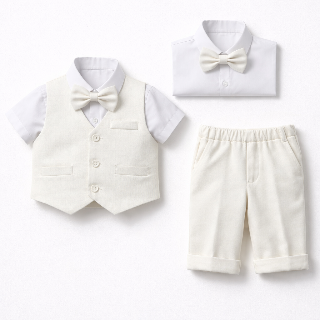 Completo Elegante Bambino Estivo 4 Pezzi con Pantaloncini Abito Cerimonia Matrimonio 1-8 Anni Bianco