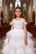 Abito da Cerimonia Bambina Bianco con Tulle e Paillettes 2–14 Anni 8238 -TheOne