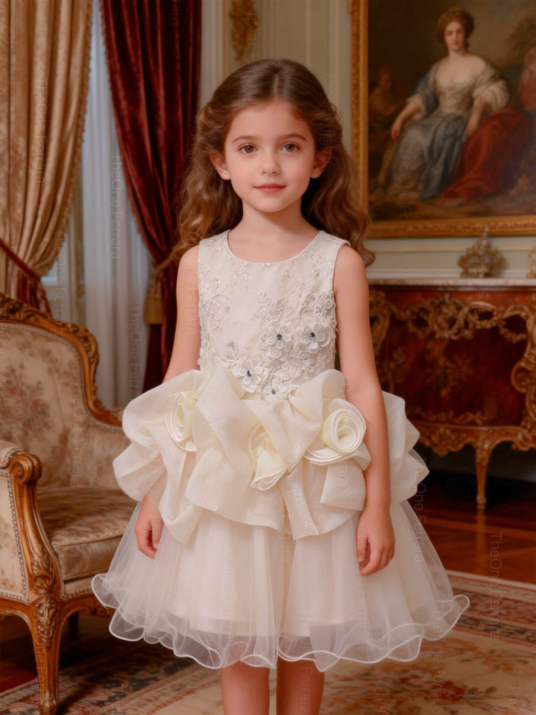 Abito da Cerimonia Bambina Avorio con Pizzo 3D e Maxi Fiori in Organza – Gonna in Tulle 8519