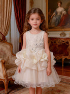 Abito da Cerimonia Bambina Avorio con Pizzo 3D e Maxi Fiori in Organza – Gonna in Tulle 8519