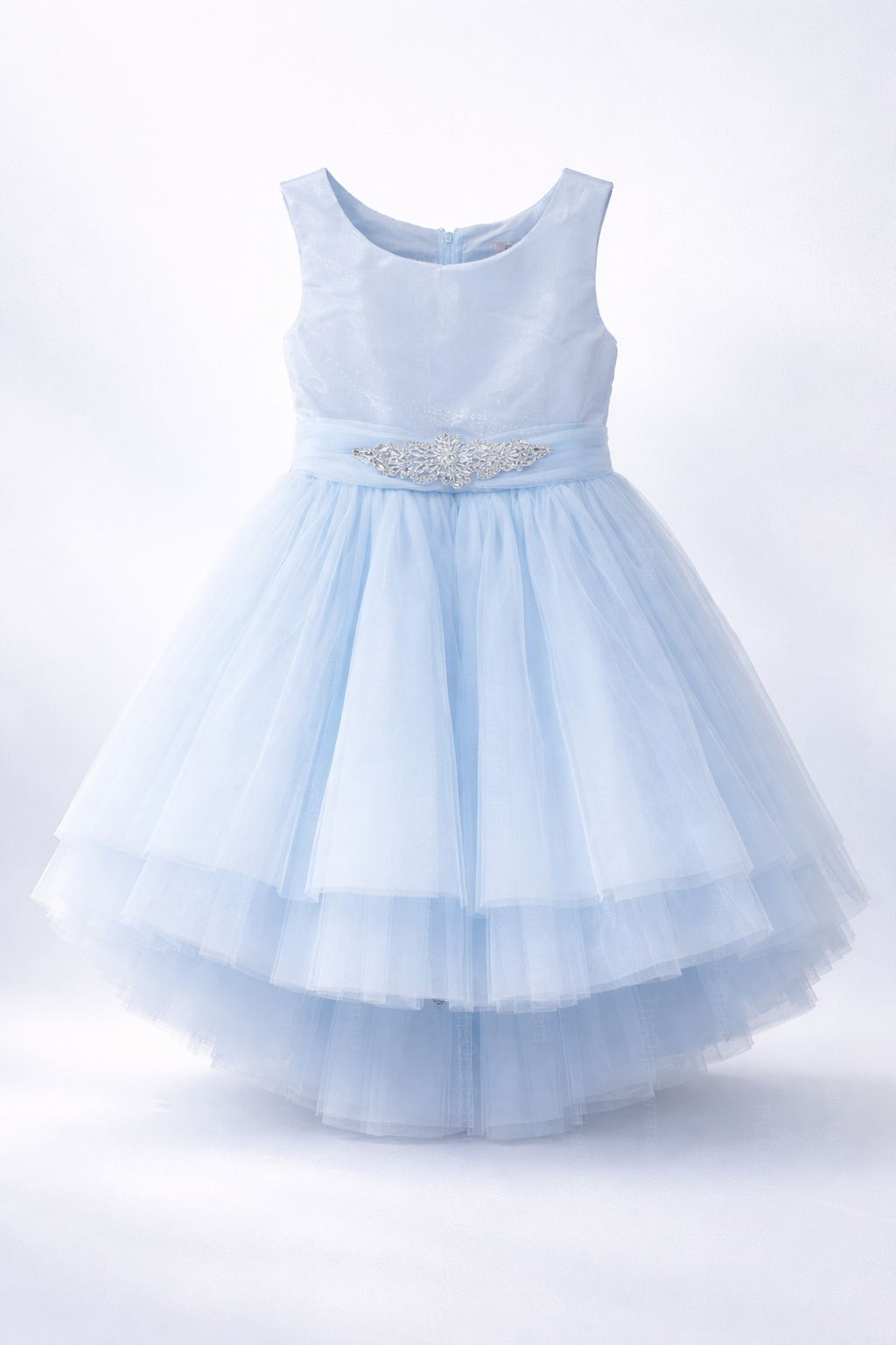 Abito da Cerimonia Bambina Elegante 4-14 Anni – Vestito Damigella in Tulle Multistrato con Cintura Gioiello (Bianco, Champagne, Azzurro) 82535 Azzuro