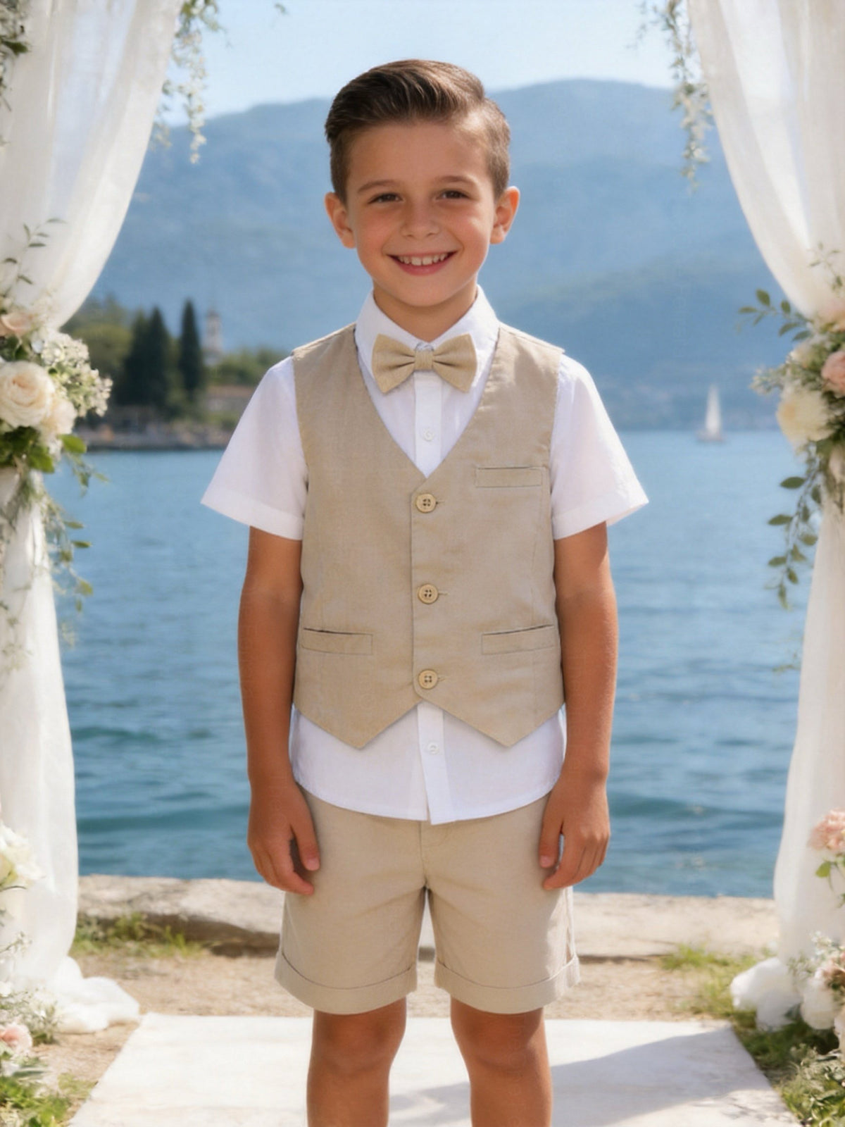 Completo Bambino Cerimonia con Gilet, Camicia e Pantaloncini | 4-14 Anni Beige 6-8 Anni