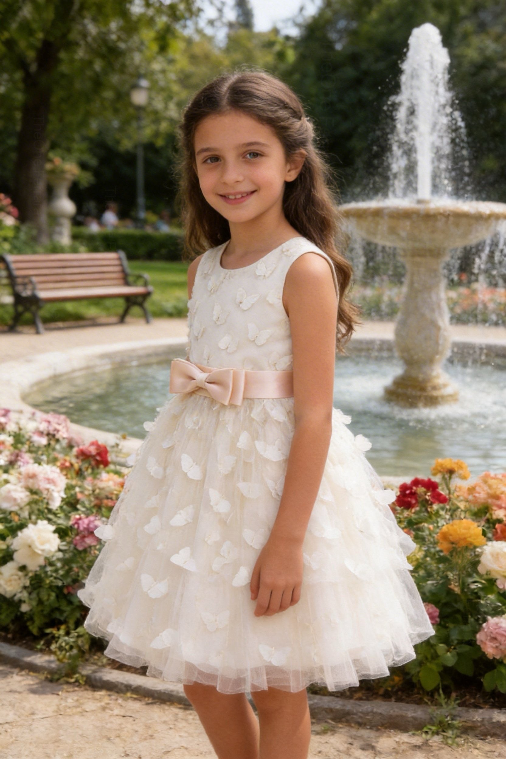 Abito da Cerimonia Bambina 2-12 Anni con Farfalle 3D – Vestito Elegante in Tulle per Matrimonio, Battesimo e Damigella 654