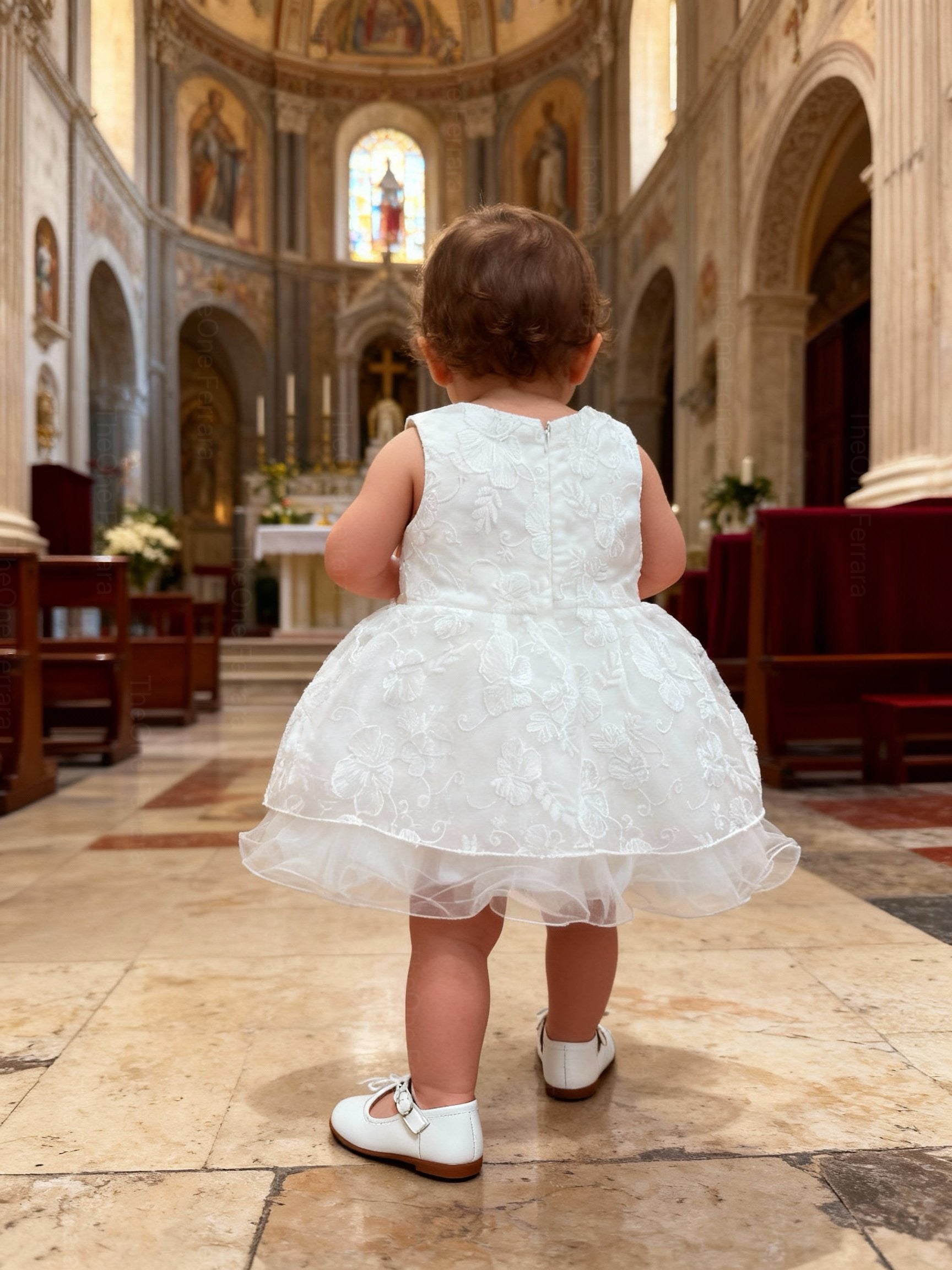 Abito da Battesimo Neonata Bianco 6–36 Mesi – Pizzo Floreale con Maxi Fiocco Cerimonia, Chiesa Compleanno 21017
