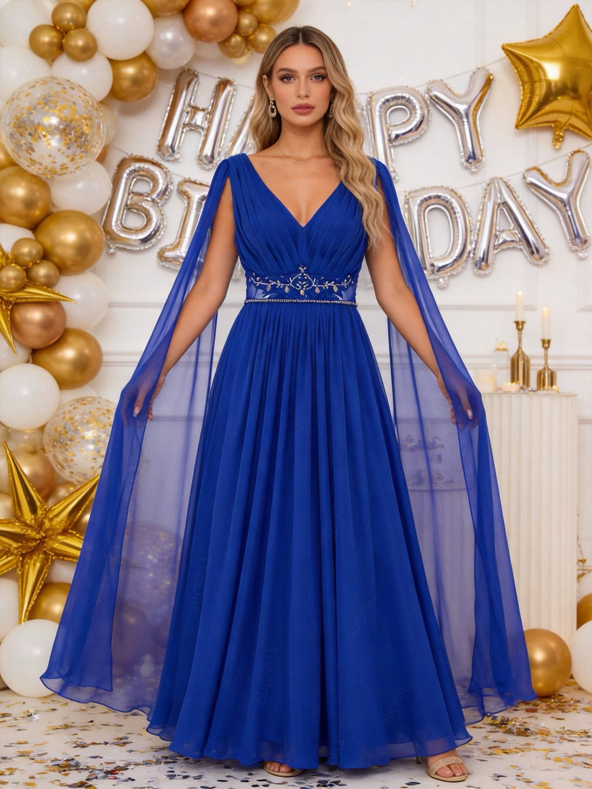 Abito Elegante Lungo in Chiffon con Mantella e Ricami