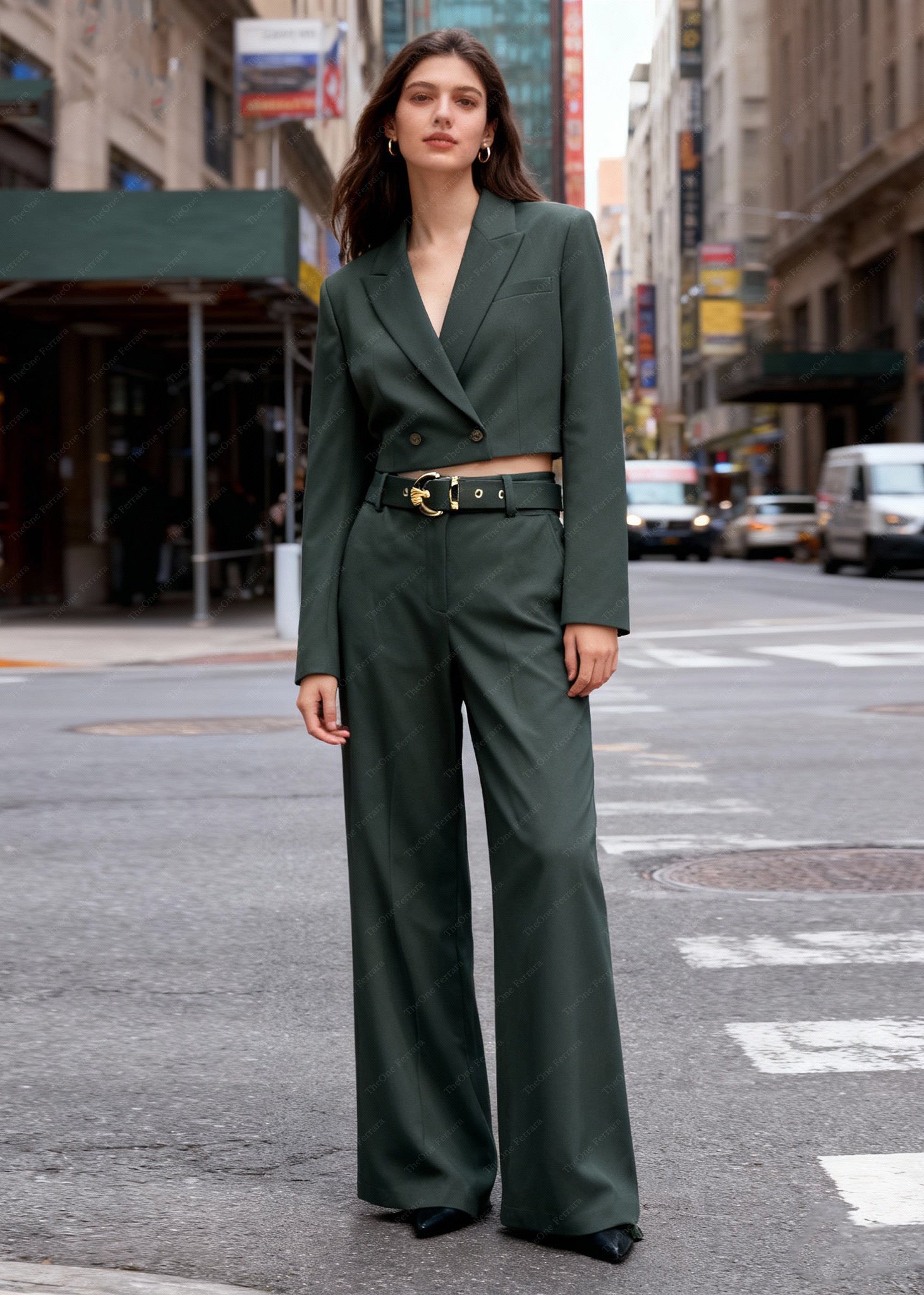 Pantaloni Palazzo Donna - Vita Alta con Cintura Verde militare