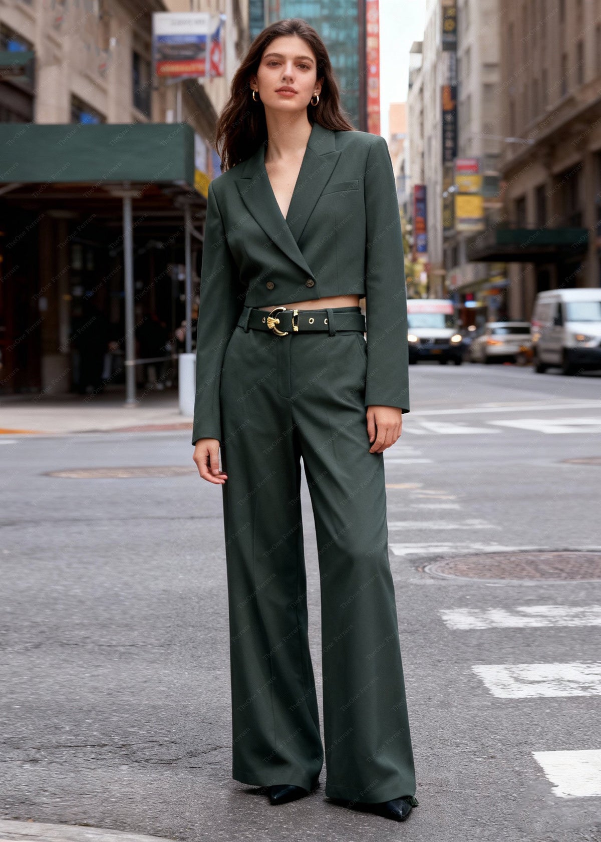 Pantaloni Palazzo Donna - Vita Alta con Cintura Verde militare