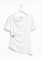 Top Donna Drappeggiato in Cotone – T-Shirt Elegante con Dettaglio Oro 66294 Bianco