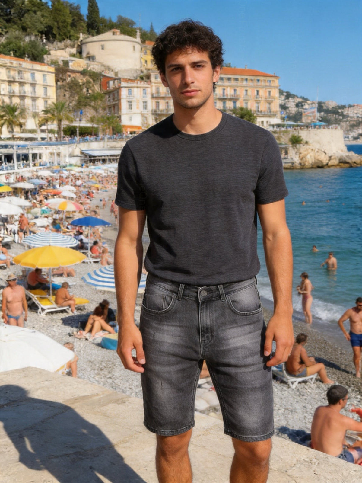 Bermuda Uomo Jeans Nero Denim Slavato Elasticizzato Effetto Vintage Estivo- RE1603