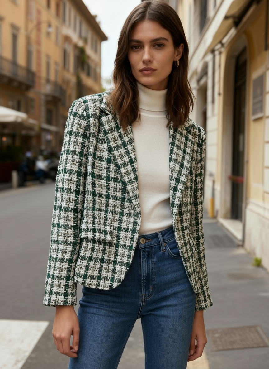 Giacca Blazer Donna Tweed a Quadri - Stile Chanel Elegante 16195 Verde militare