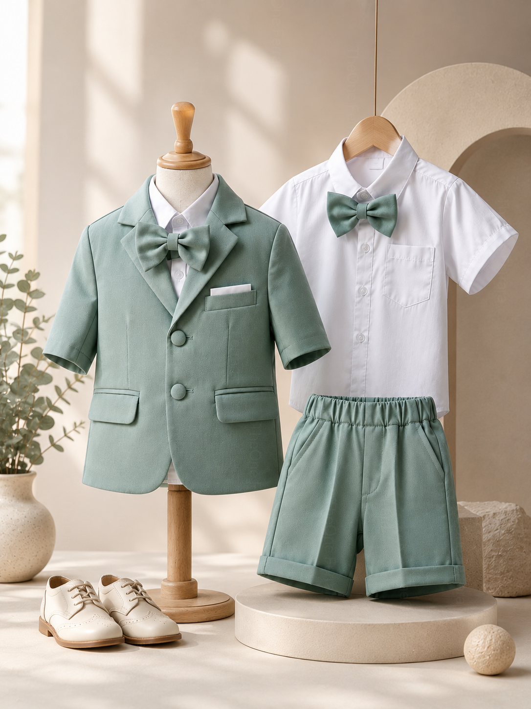 Completo Elegante Bambino Verde Salvia 4 Pezzi con Giacca Shorts Camicia e Papillong 4-10Anni