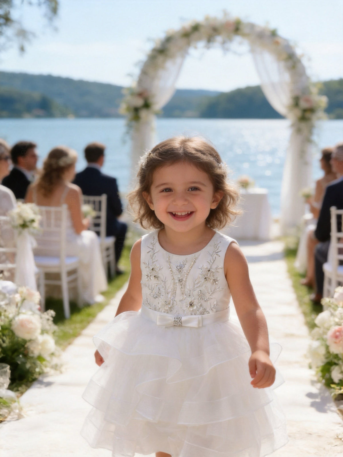 Vestito Cerimonia Bambina Bianco con Ricami e Gonna Volant in Tulle