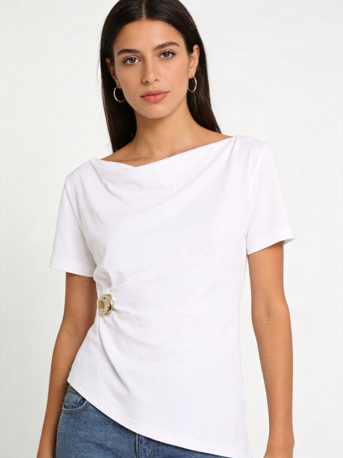 Top Donna Drappeggiato in Cotone – T-Shirt Elegante con Dettaglio Oro 66294
