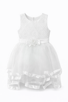 Abito da Battesimo Neonata Bianco 6–36 Mesi – Tulle a Strati con Bordo Satinato e Fiocco | Cerimonia Chiesa 21038 Bianco