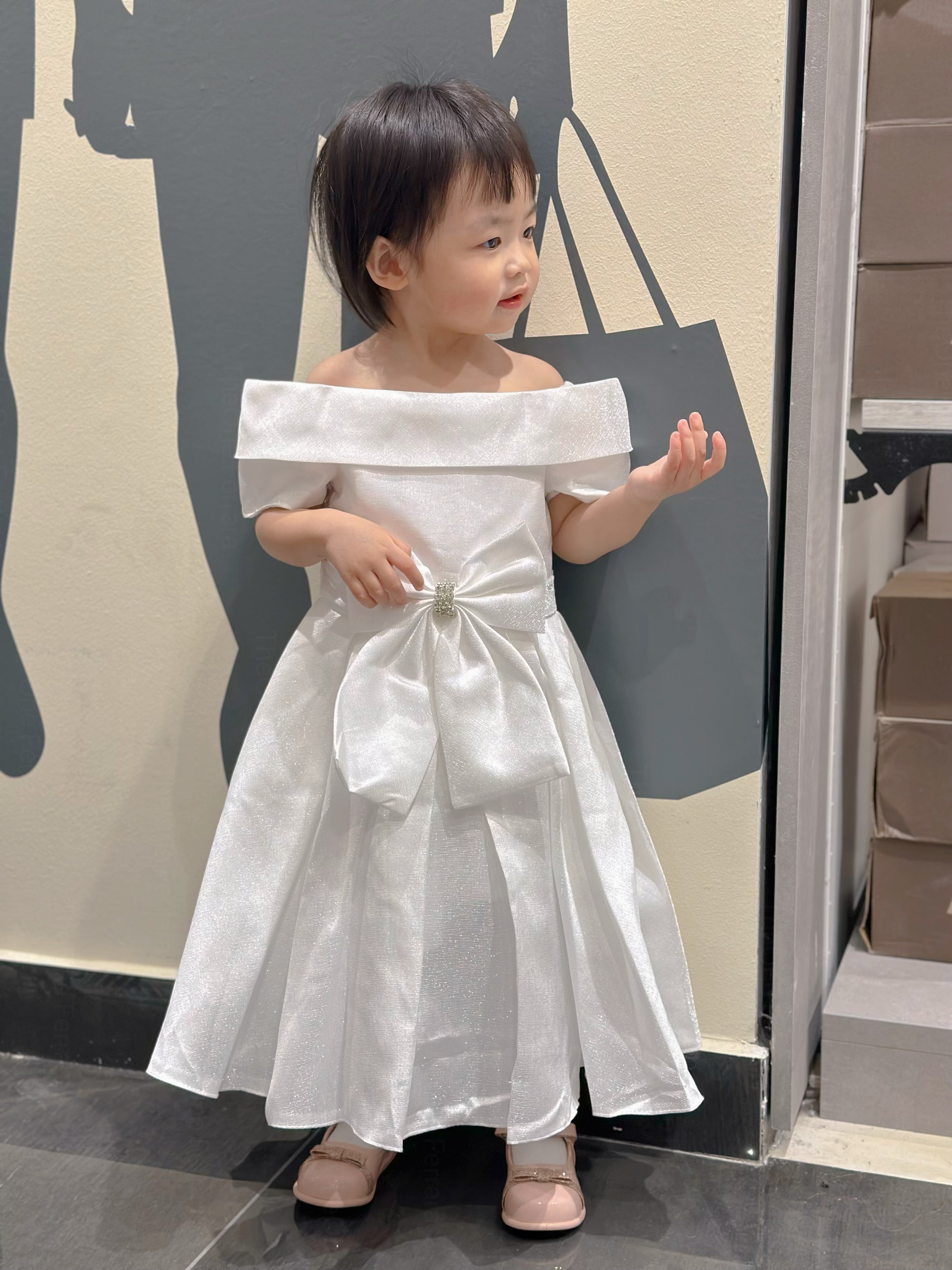 Vestito Bambina Cerimonia Elegante in Taffetà con Fiocco Grande 2-14 Anni