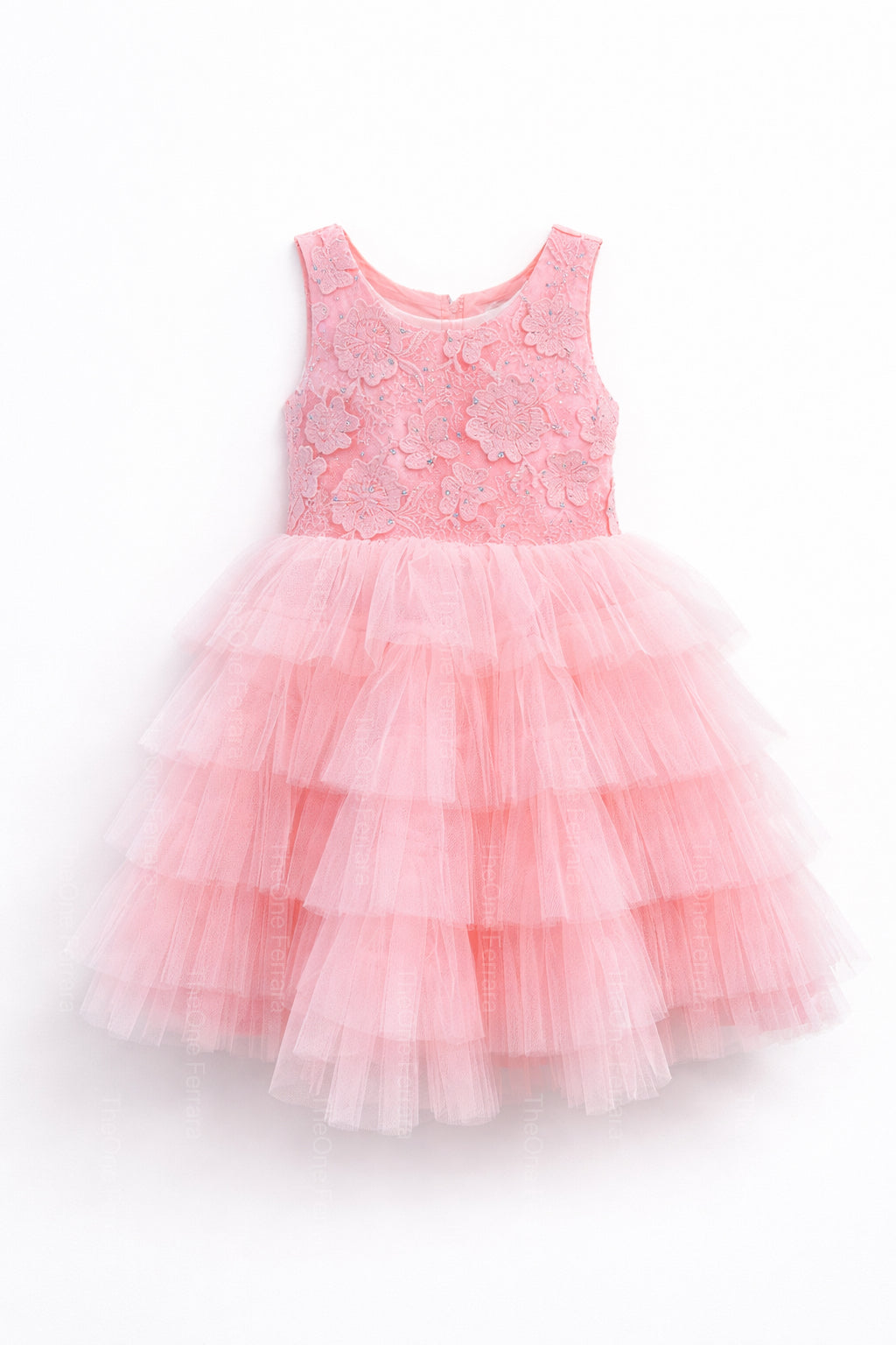 Abito Cerimonia Bambina Rosa Cipria con Tulle Multistrato e Dettagli Strass 2–14 Anni -TheOne