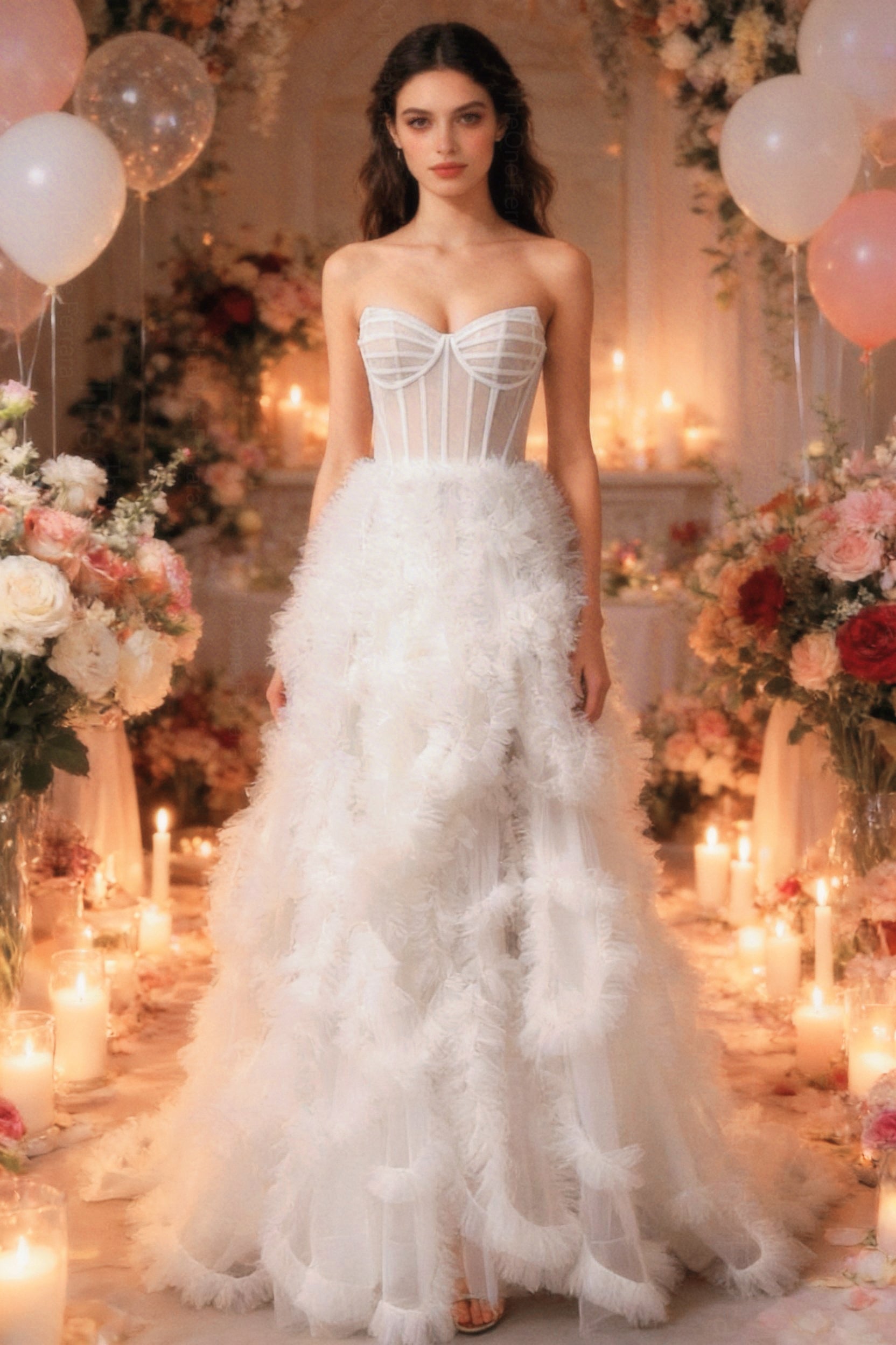 Abito da Sera Bianco con Corsetto e Tulle – Vestito Lungo Elegante Effetto Couture 883008