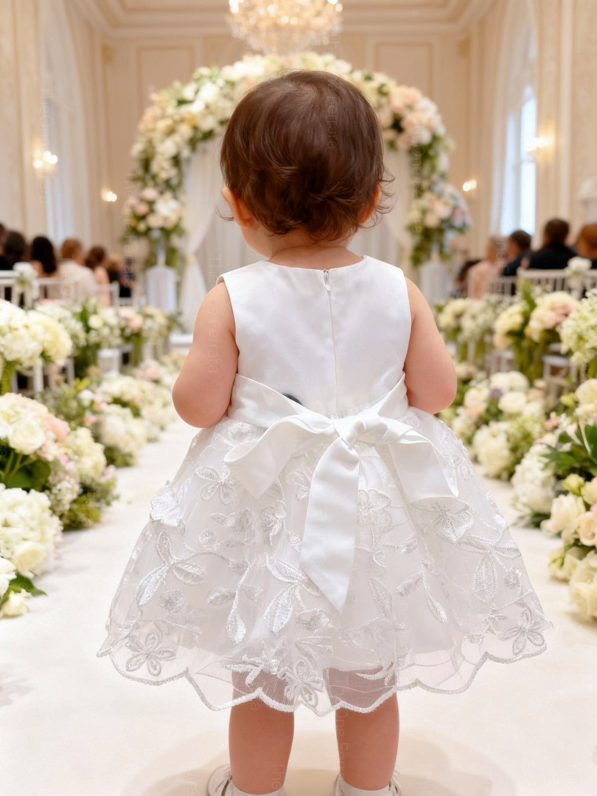 Abito da Battesimo Neonata Bianco 3–24 Mesi – Raso Tulle Ricamato con Fiori, Fiocco Posteriore Cerimonia 6132