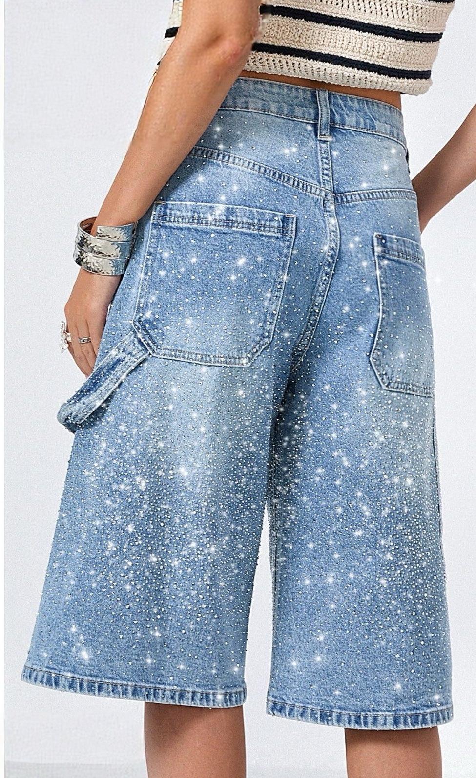 Jeans Donna Bermuda con Strass – Shorts Denim Vita Alta Wide Leg Eleganti Estivi 5115