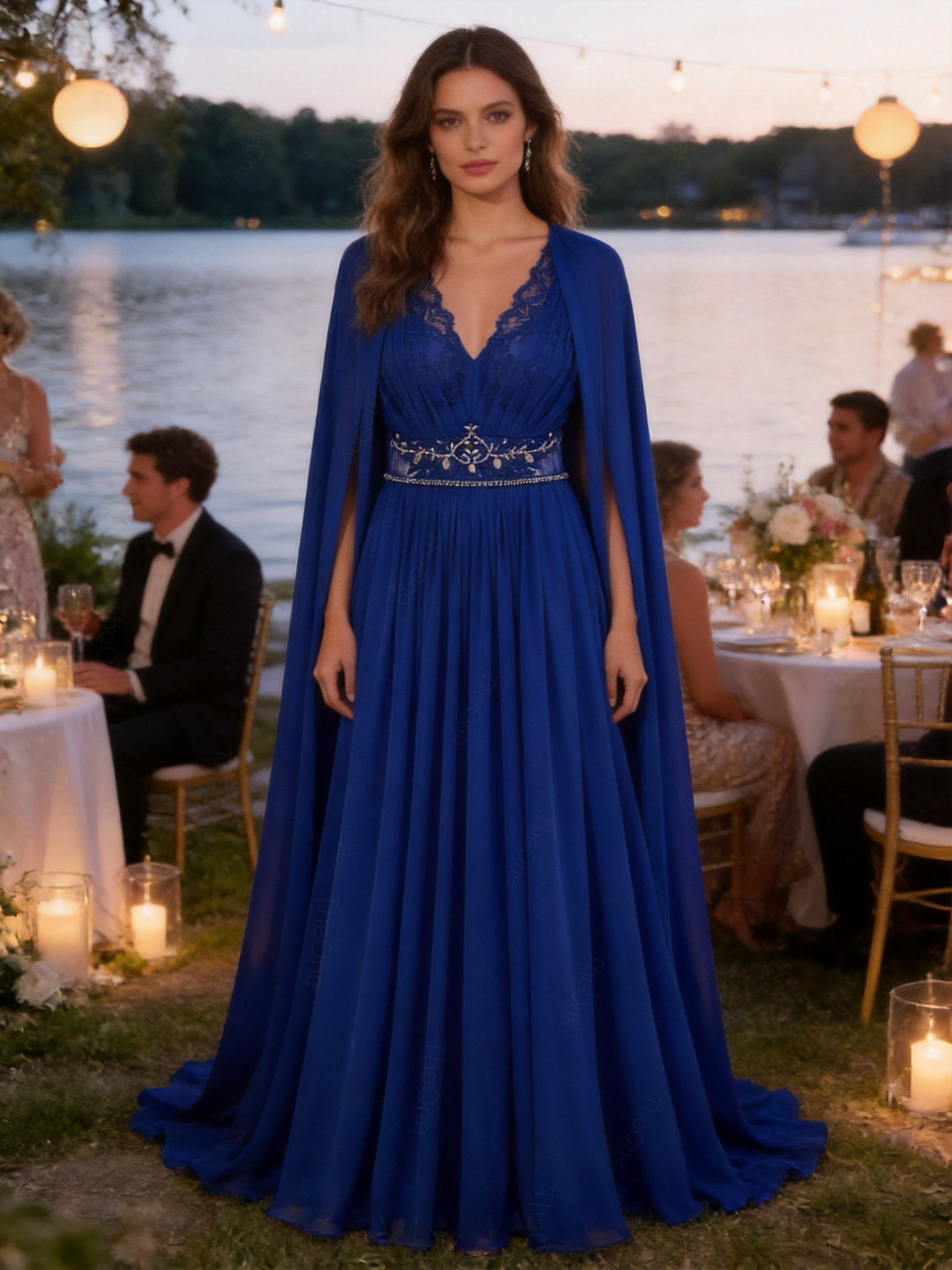 Abito Elegante Lungo in Chiffon con Mantella e Ricami