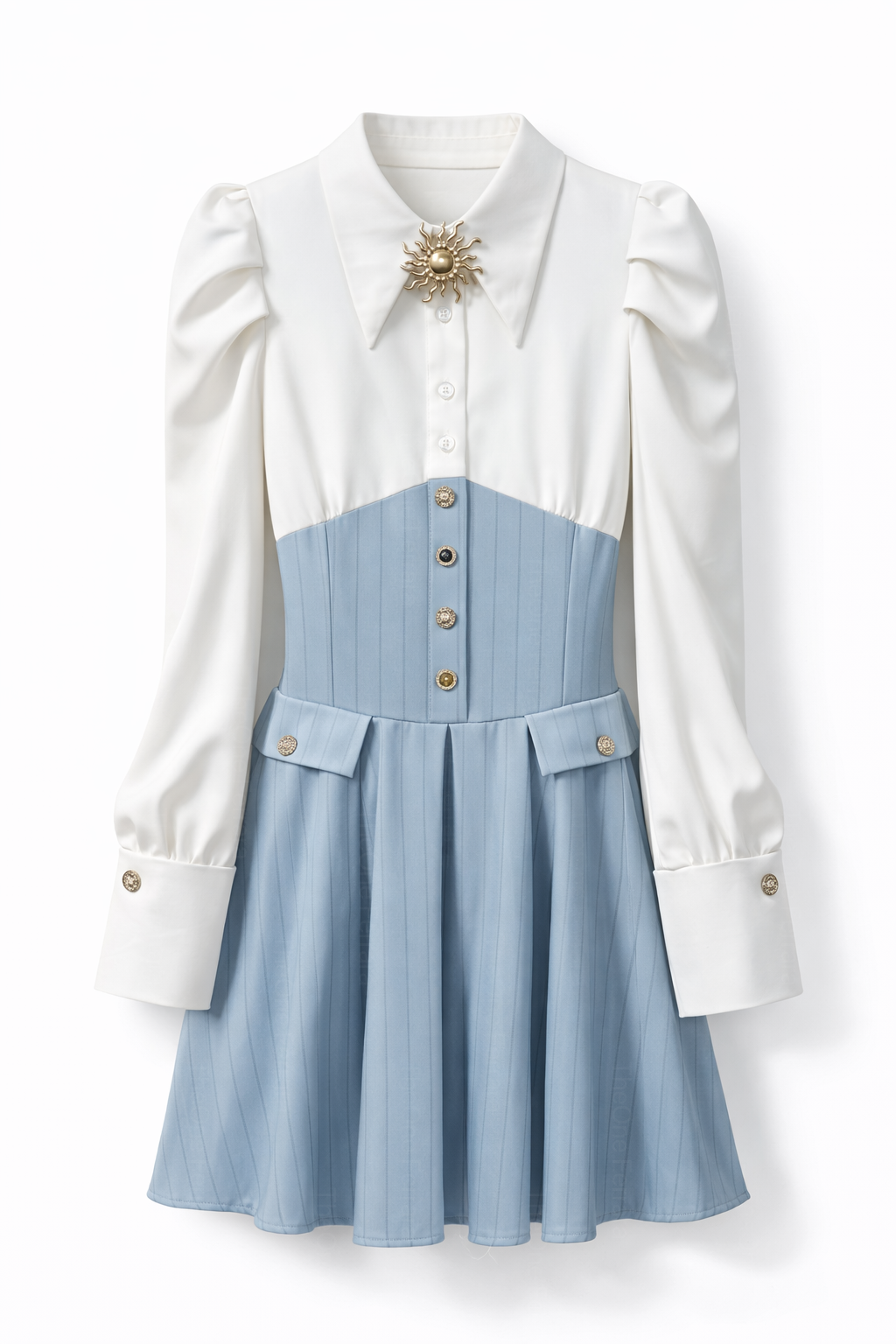 Abito Donna Elegante con Effetto Corsetto e Gonna Plissettata Camicia Strutturata Chic 89859 Azzuro taglia unica 45-55kg