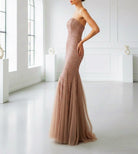 Abito da Sera Champagne con Paillettes – Vestito Lungo Sirena Elegante Senza Spalline 517039