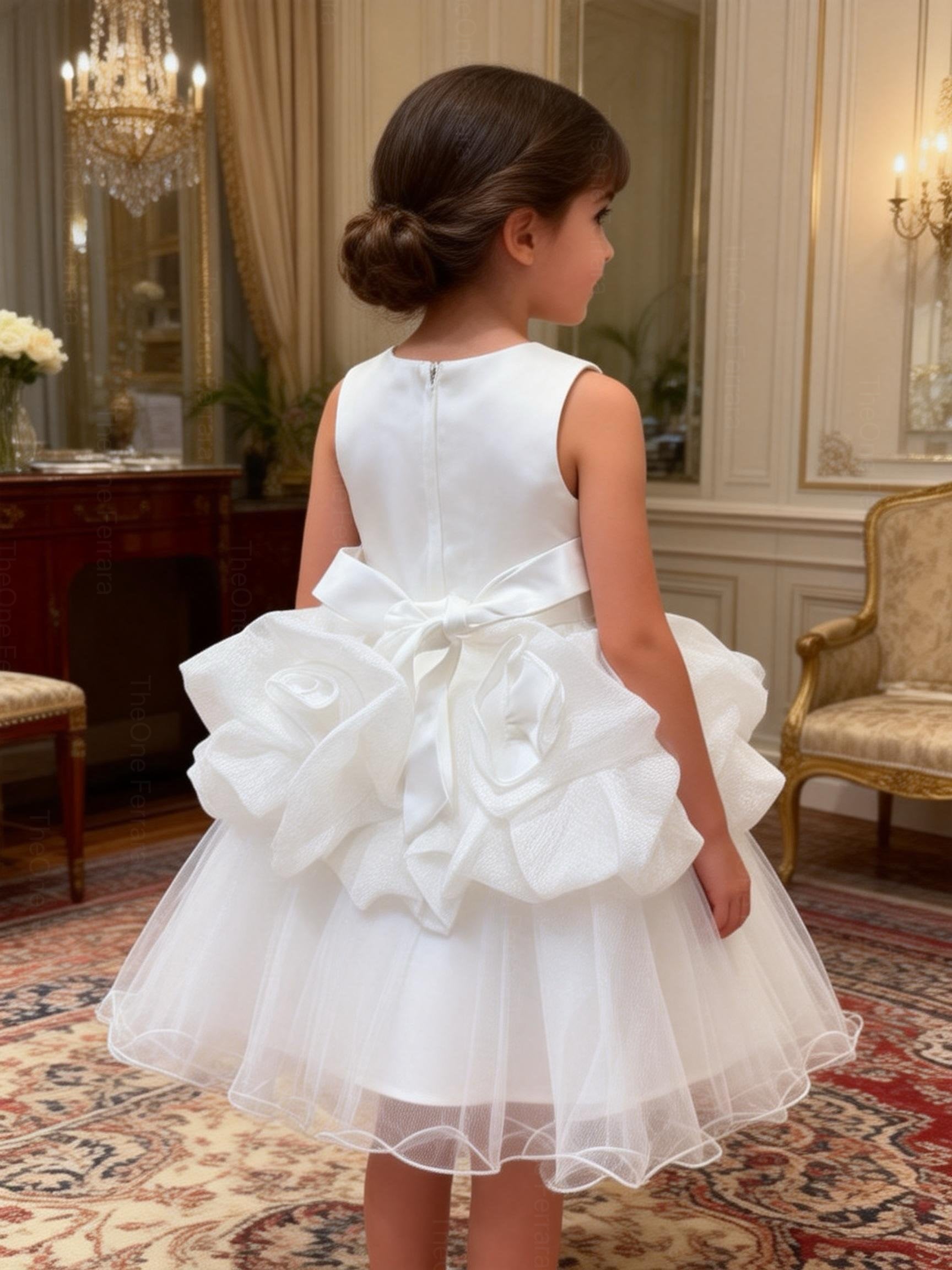 Abito da Cerimonia Bambina Avorio con Pizzo 3D e Maxi Fiori in Organza – Gonna in Tulle 8519