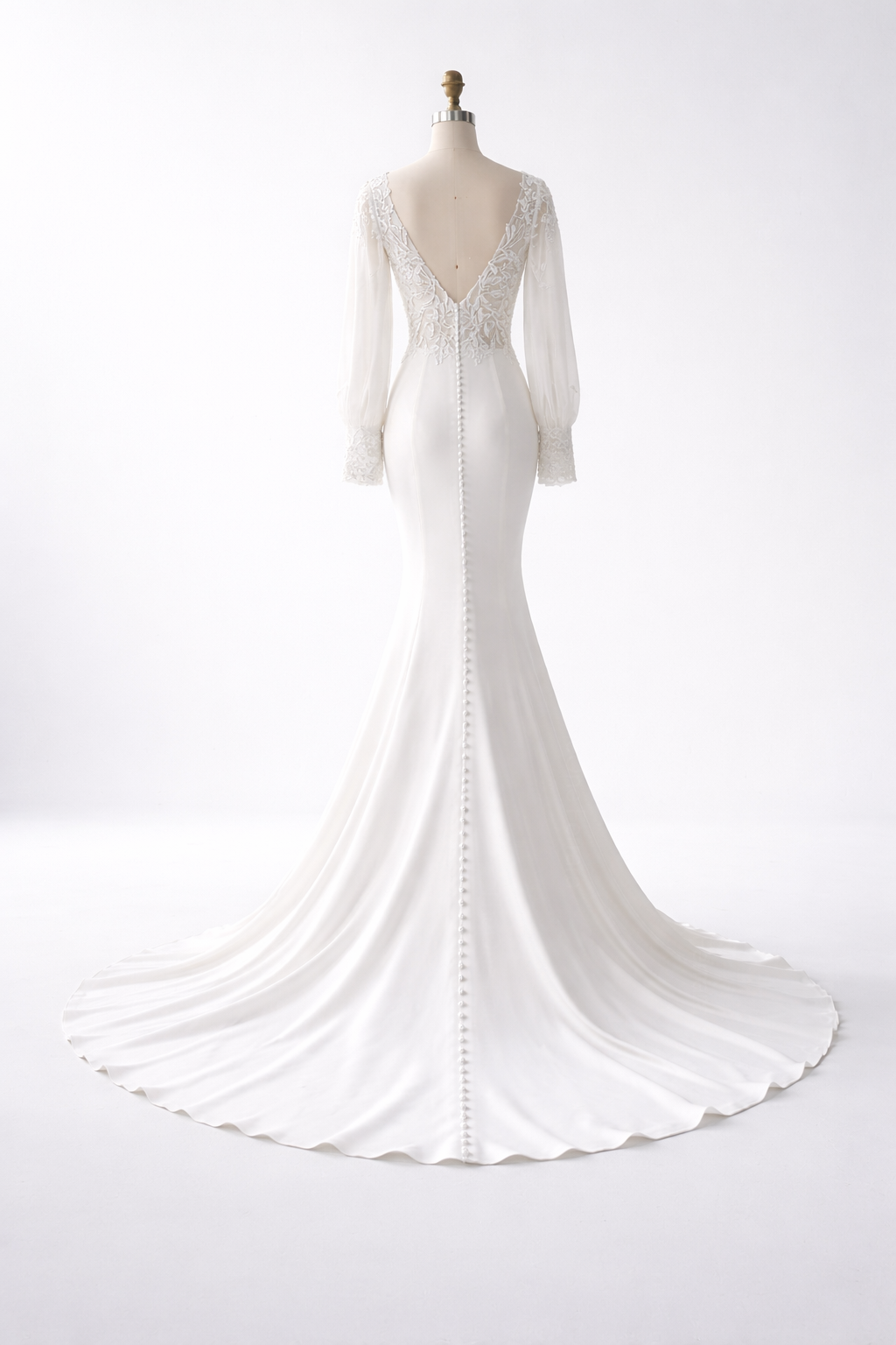 Abito da Sposa Sirena con Maniche Lunghe in Pizzo Ricamato – Scollo Profondo a V, Schiena Scoperta con Bottoni, Stile Boho Elegante 817053