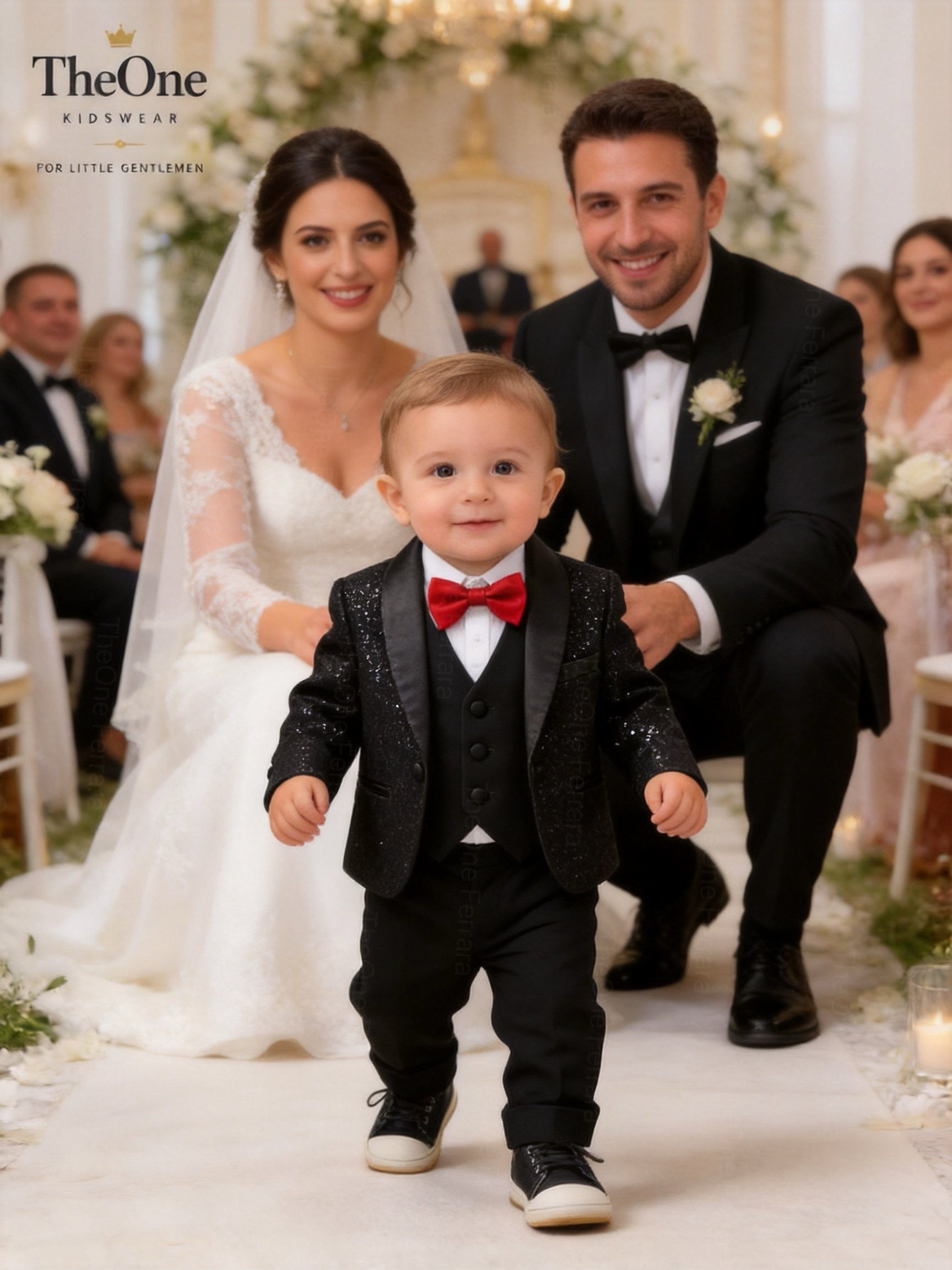 Completo Elegante Bambino 5 Pezzi Smoking Nero Glitter con Papillon Rosso