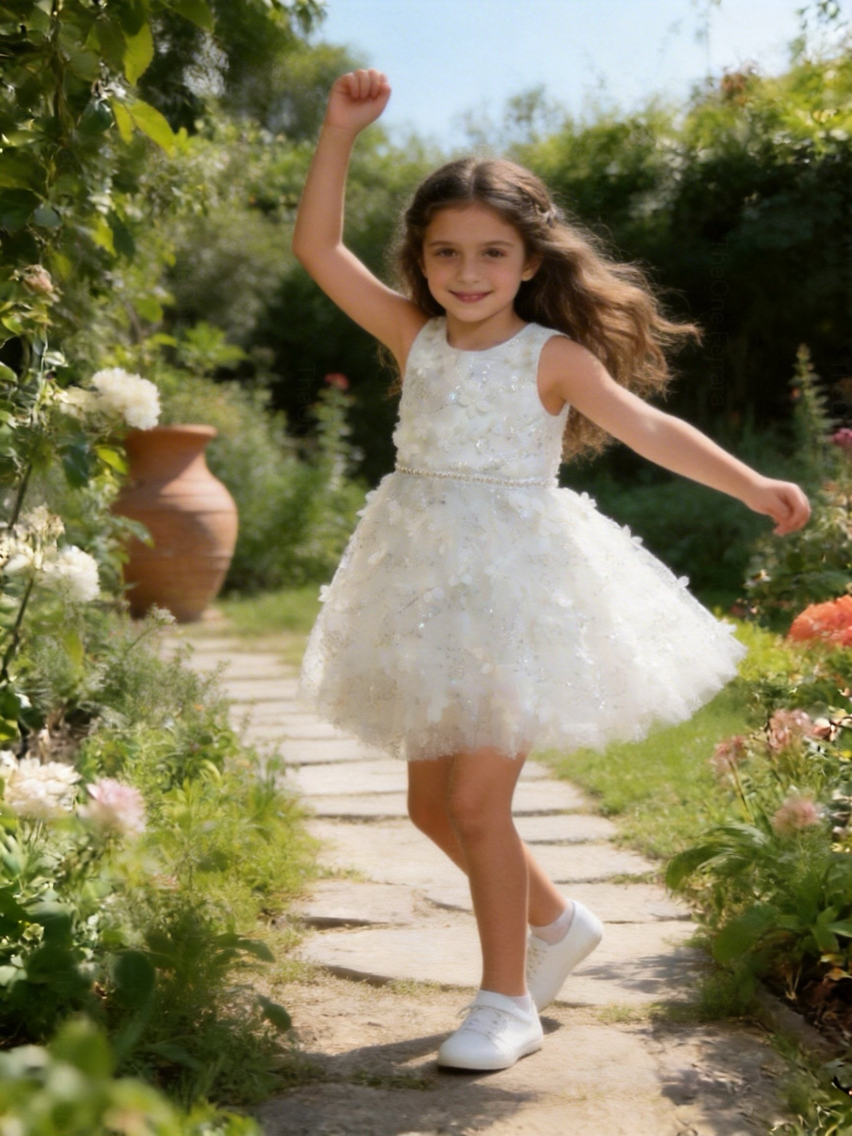 Abito da Cerimonia Bambina 2-12 Anni Elegante – Vestito con Fiori 3D e Gonna in Tulle per Matrimonio, Battesimo e Compleanno 716
