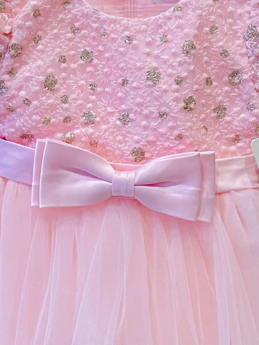 Vestito rosa bambina con maniche a sbuffo 6M–36M Compleanno, Battesimo, Damigella 36M
