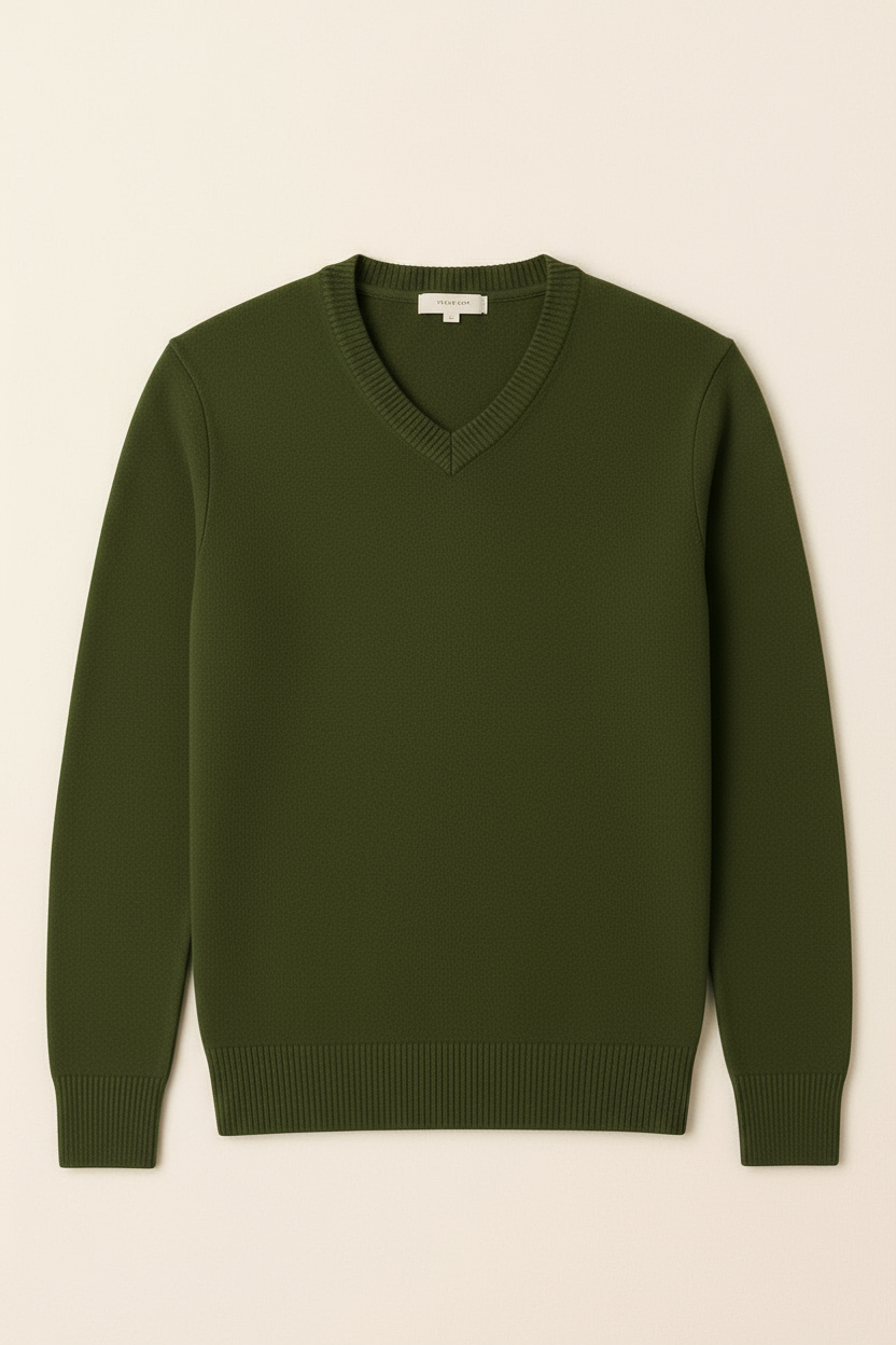 Maglione Uomo Scollo a V in Viscosa - Pullover Elasticizzato Elegante 35607 Verde militare