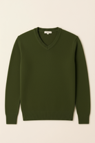 Maglione Uomo Scollo a V in Viscosa - Pullover Elasticizzato Elegante 35607 Verde militare