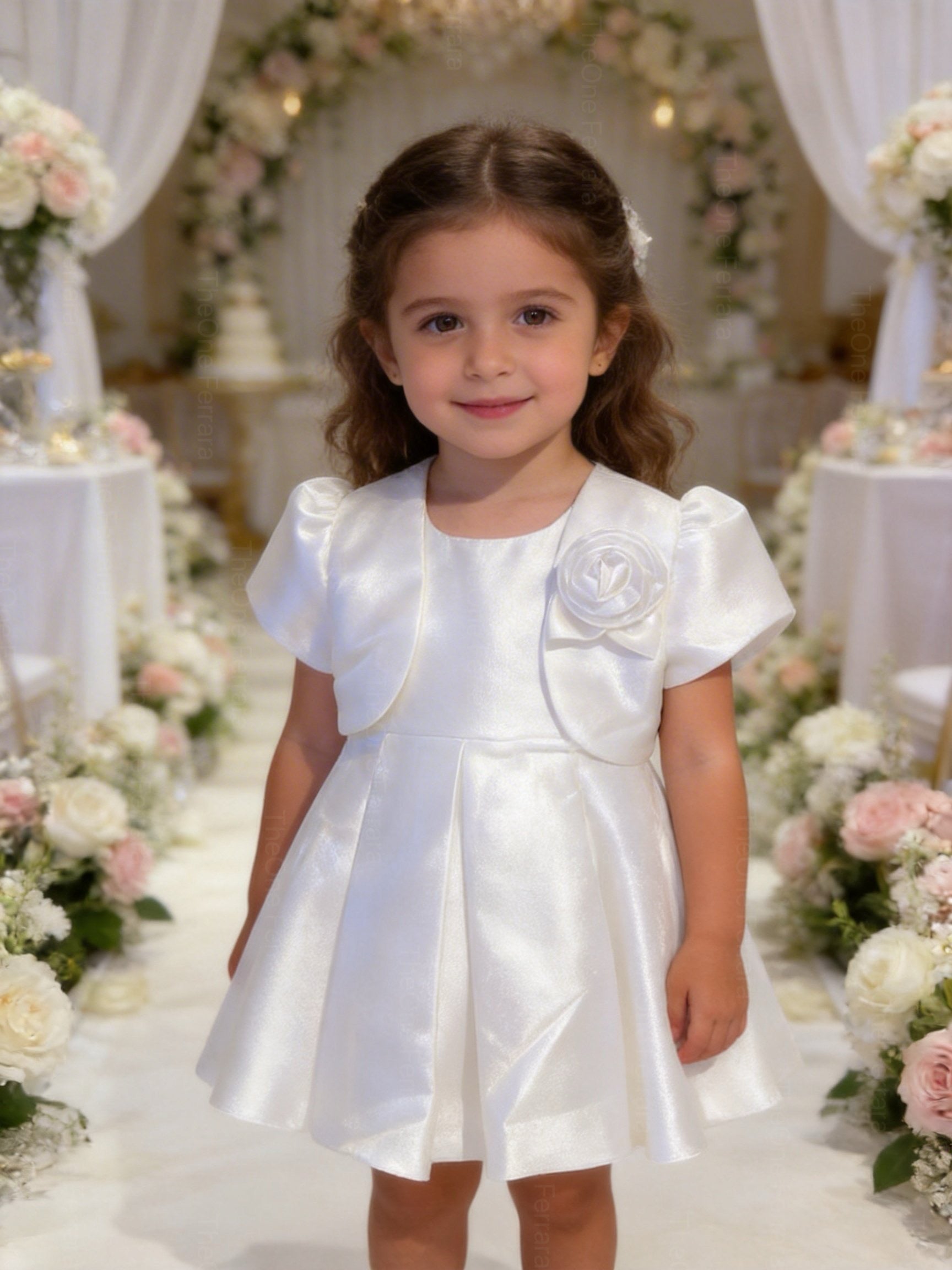 Abito Cerimonia Bambina con Bolero e Fiore – Vestito Elegante Rosa Cipria in Tessuto Strutturato Luminoso per Comunione, Matrimonio e Festa 1-6 anni
