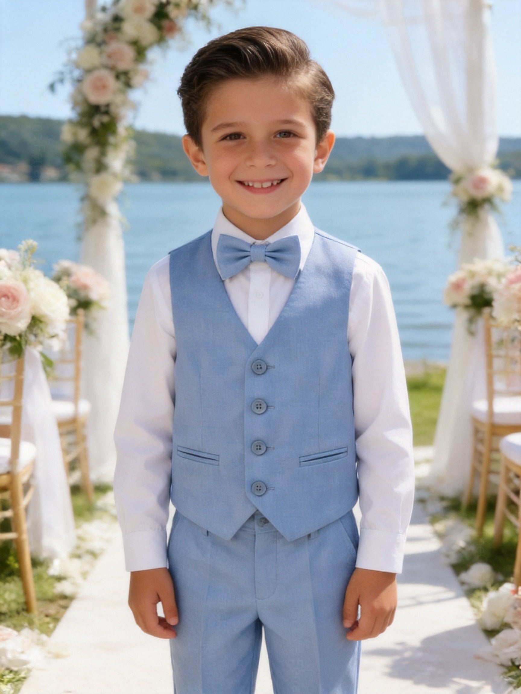 Completo Elegante Bambino Celeste 5 Pezzi con Giacca Gilet Pantaloni Camicia e Papillon