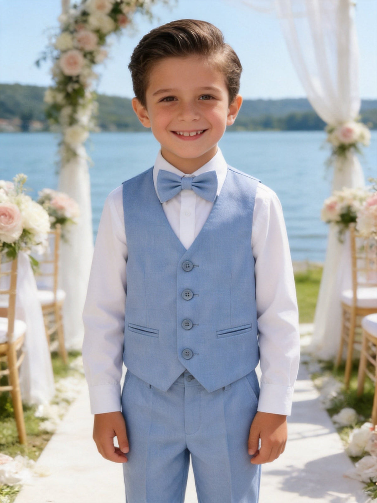 Completo Elegante Bambino Celeste 5 Pezzi con Giacca Gilet Pantaloni Camicia e Papillon