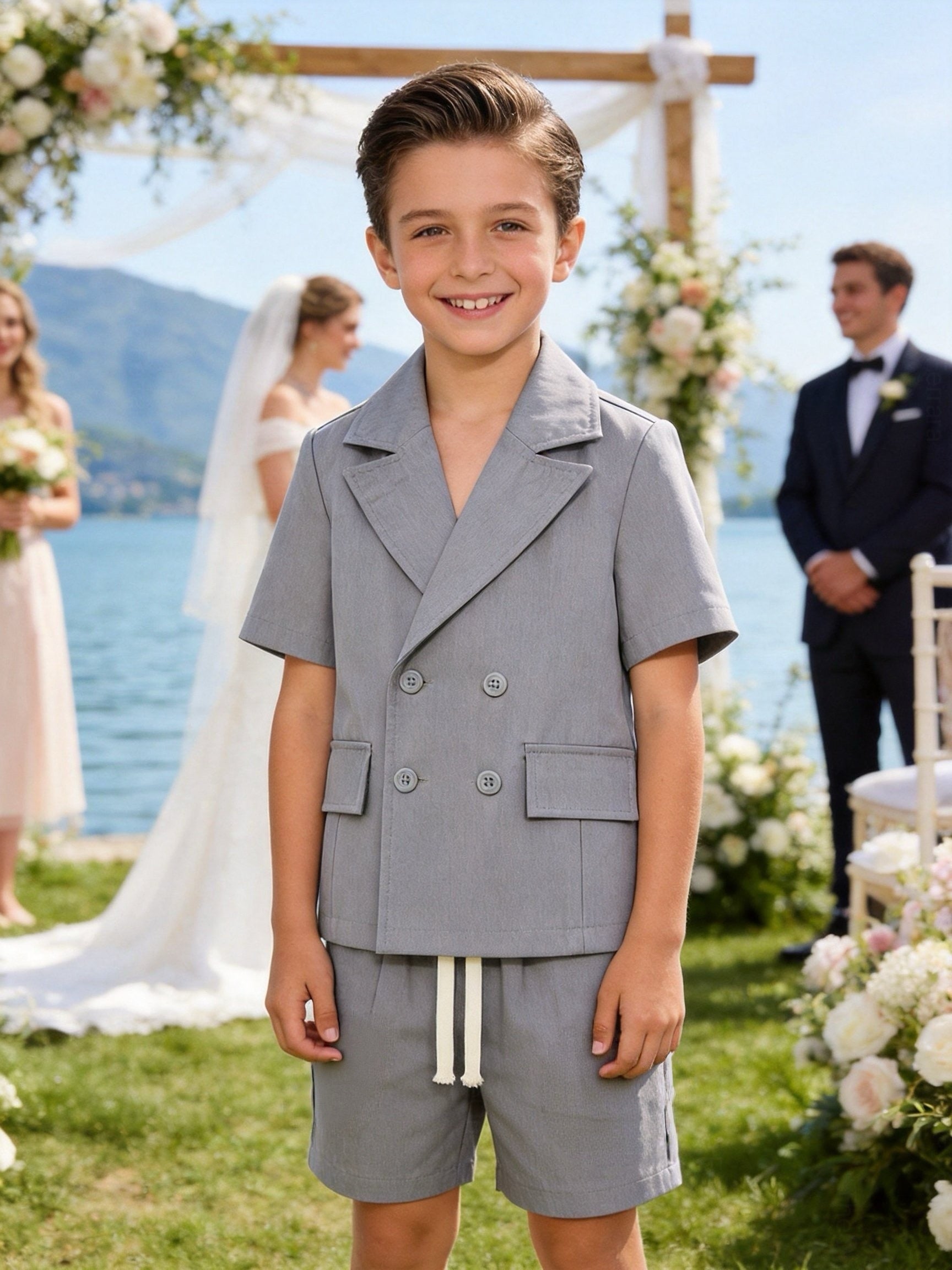 Completo Bambino Cerimonia 2 Pezzi con Giacca a Maniche Corte e Pantaloncini | 4-14 Anni