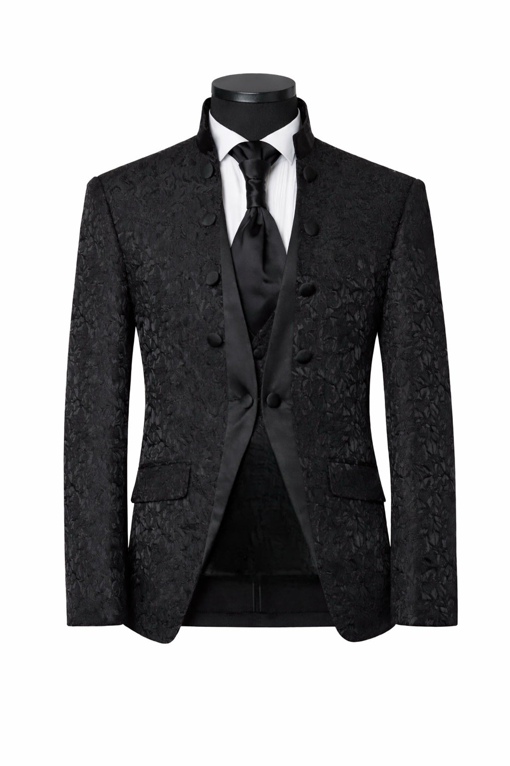 Abito da Sposo Uomo 4 Pezzi Nero 、Bianco Damascato – Giacca Collo Coreano + Gilet + Pantaloni Finitura Lucida (Effetto Raso) + Cravatta | Slim Fit Drop 6