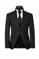 Abito da Sposo Uomo 4 Pezzi Nero 、Bianco Damascato – Giacca Collo Coreano + Gilet + Pantaloni Finitura Lucida (Effetto Raso) + Cravatta | Slim Fit Drop 6
