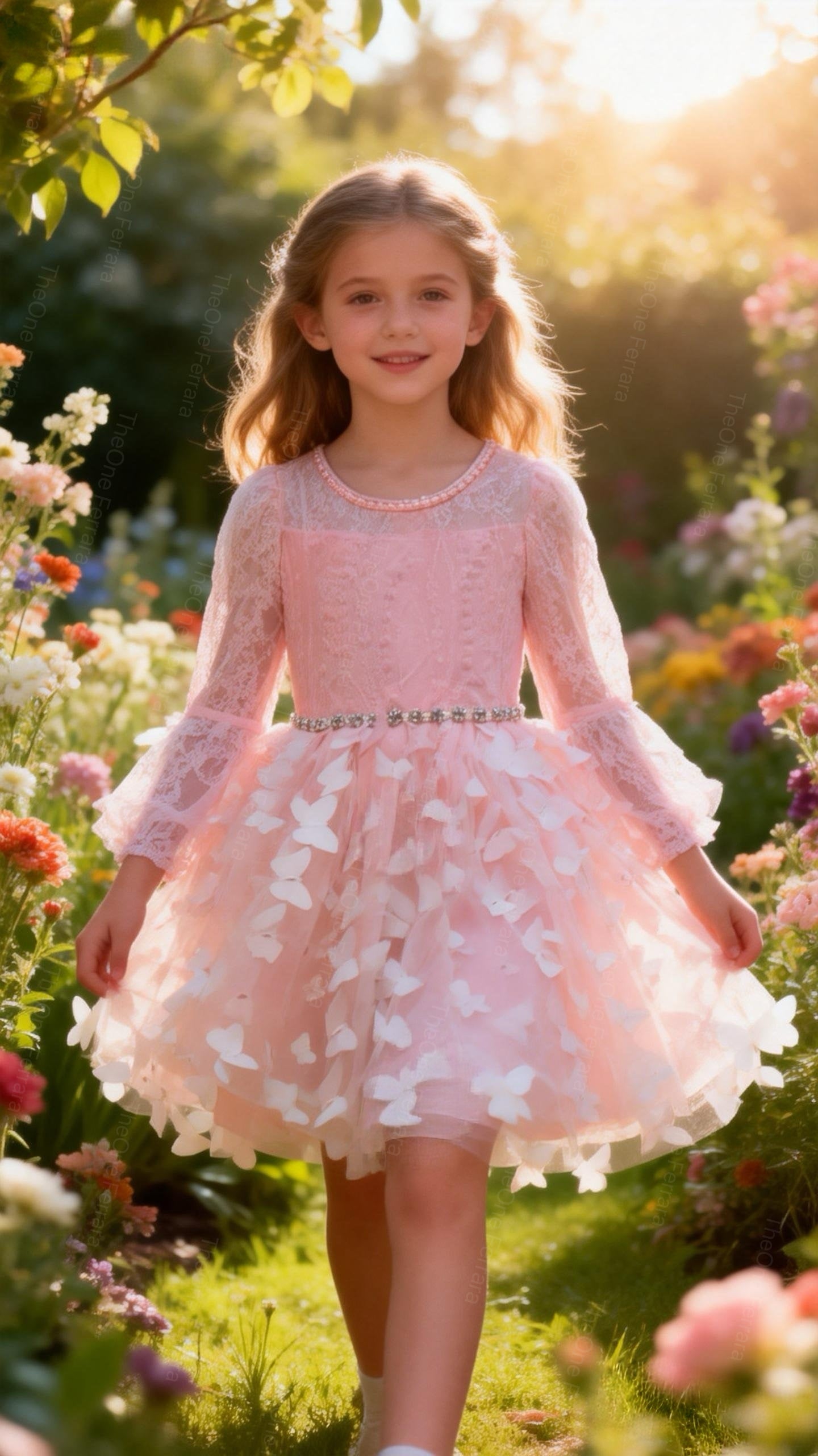 Abito da Cerimonia Bambina Rosa con Tulle e Farfalle 3D 8541 2-16Anni-TheOne