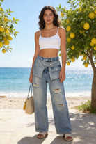 Jeans Donna Wide Leg con Vita Asimmetrica e Dettagli Cargo – Denim Destroyed Fashion 374